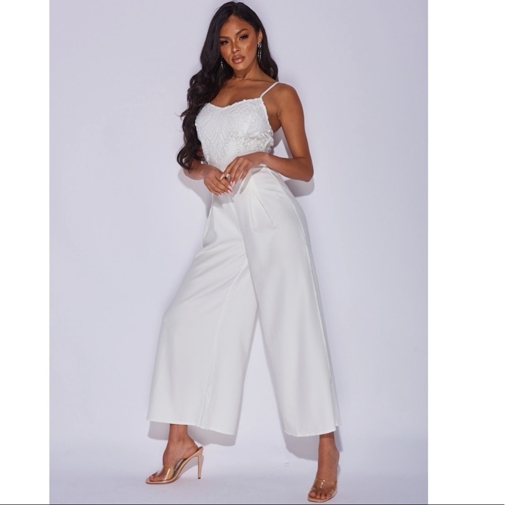 White Lace Sleeveless V-Neck Side Slit Wide Leg Jumpsuit Playsuit - Picture 9 of 15